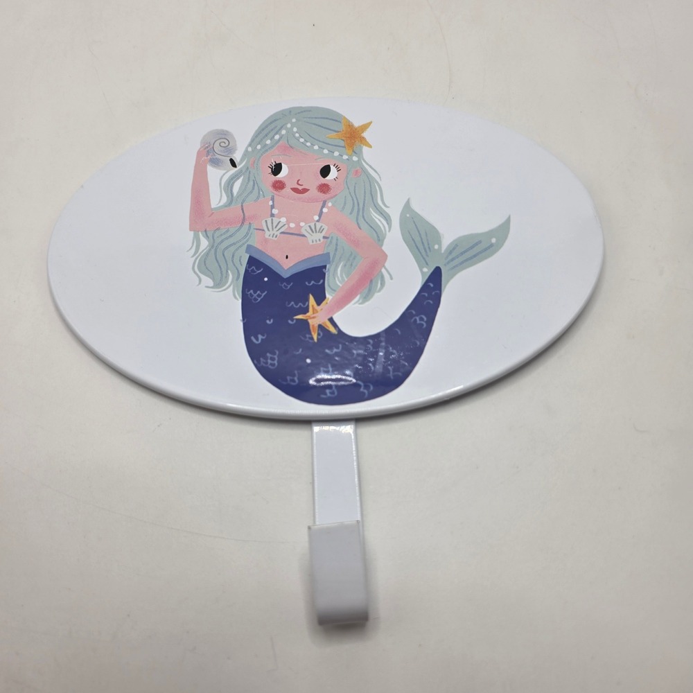Mermaid Wall Hook Metal Oval Plaque Ocean Nursery Decor Blue Hair Enamel